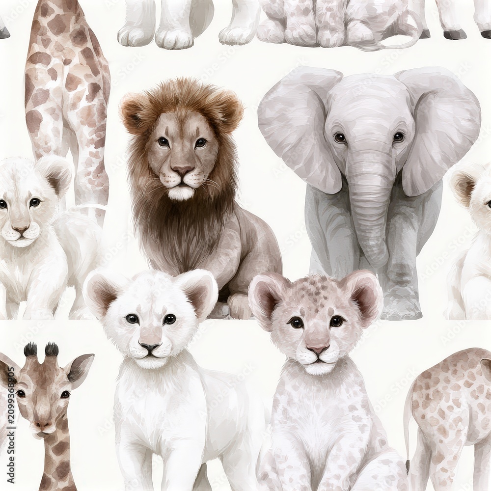 Fototapeta premium Cute safari animals with tropical foliage, playful nursery theme, gentle wildlife decor, adorable illustration, cheerful childhood design.