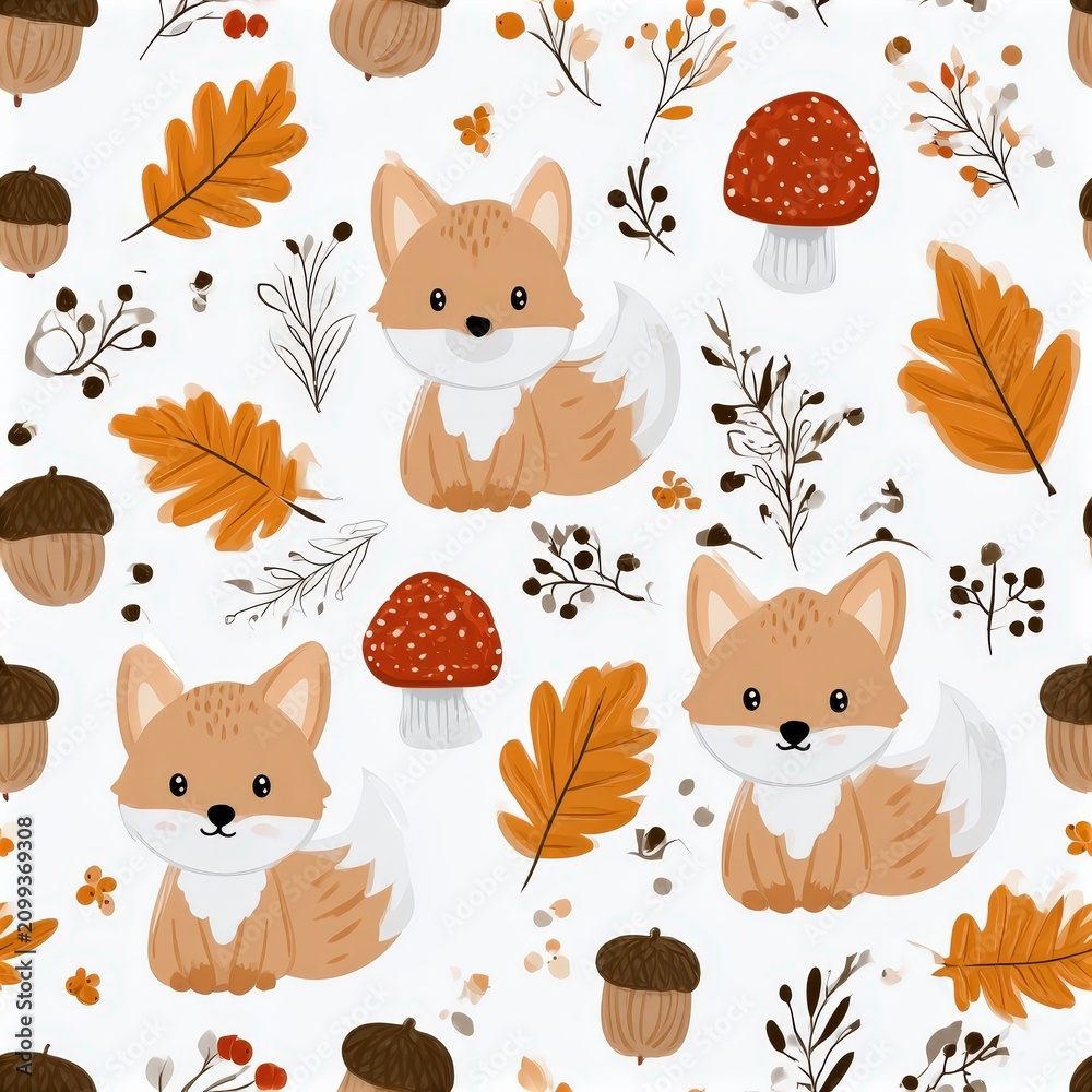 Fototapeta premium Cute fox seamless pattern with autumn leaves and berries, woodland nursery theme, playful forest decor, charming wildlife illustration.