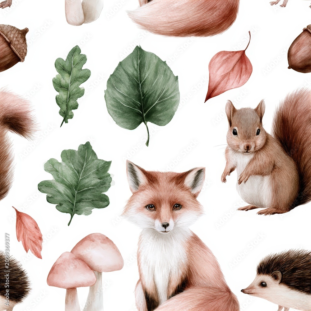 Fototapeta premium Autumn fox seamless pattern with woodland foliage, playful forest theme, charming wildlife decor, colorful nursery illustration.