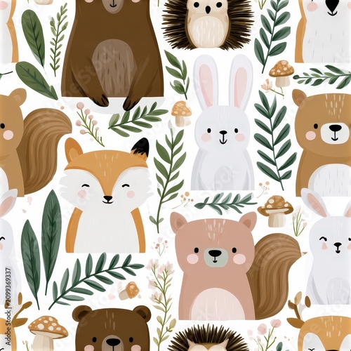 Woodland animals seamless pattern with fox squirrel bear and owl, forest nursery theme, playful nature decor, charming illustration.