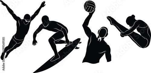 Konstfotografi Water Sports Silhouette Collection Featuring Surfing Diving Water Polo and Aquat