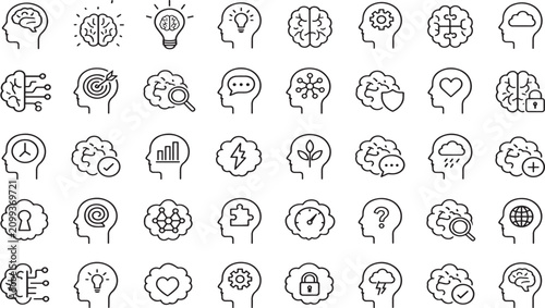 Konstfotografi Set of human head and brain line icons for artificial intelligence