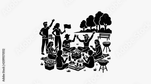 Obraz na plátně Family and friends enjoying a backyard barbecue picnic together.
