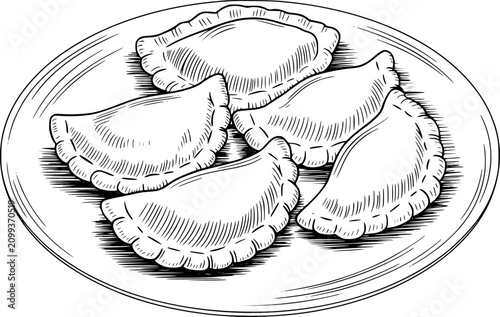 Obraz na płótnie 丸いディナープレートに盛られた数個の美味しいピエロギ餃子の白黒の手描き図