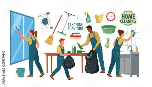 Foto PrintHome cleaning service team washing windows wiping tiles collecting recyclin