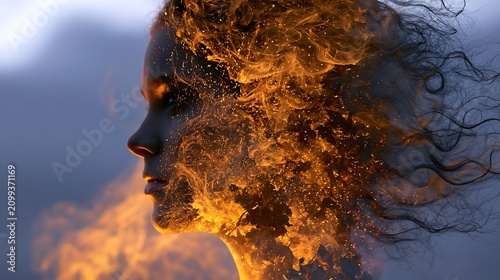 Surreal double exposure profile portrait of a woman merging with blazing fire sparks and dramatic smoke