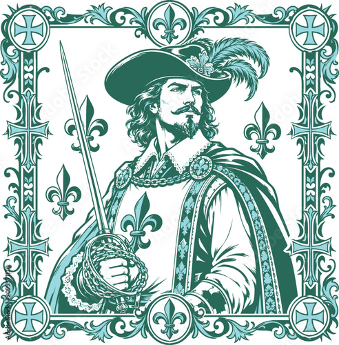 Tablou pe pânză French Musketeer Swordsman Vector Illustration