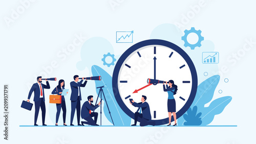 Group of businesspeople using telescopes to observe a giant clock, symbolizing strategic foresight, time management, and future planning.