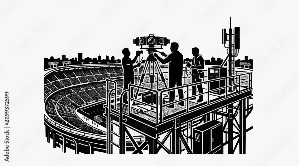 Obraz premium Film crew recording at a large stadium event.