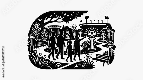 Fotografie Family walking through a detailed garden illustration.