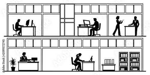 Office workspace scenes with diverse professionals using computers, phones, and documents people