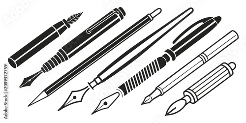 Foto Set of 39 black and silver writing tools on white background, black pens silver