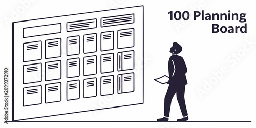 Canvastavla Man looking at a large planning board with 100 numbered sections on white backgr