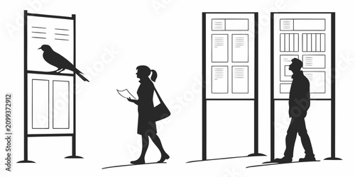 Photos Office worker hanging notice on corkboard, black silhouette style, white backgro
