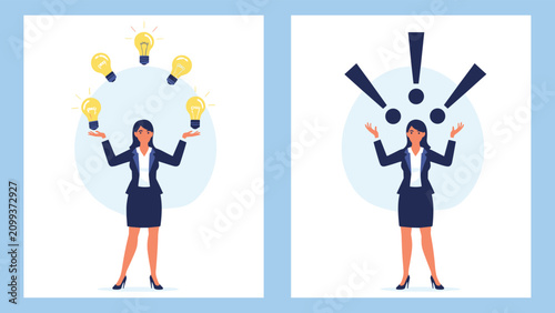 Two women juggling lightbulbs and exclamation marks, representing managing ideas, problem-solving, and handling multiple urgent tasks or insights.