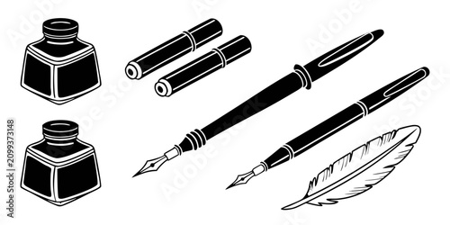 Tableau sur toile Vintage ink bottles, pens, and pencils set on white background, black bottle whi