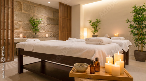 Sala de spa elegante preparada para un tratamiento de masaje con ambiente relajante y decoración minimalista.