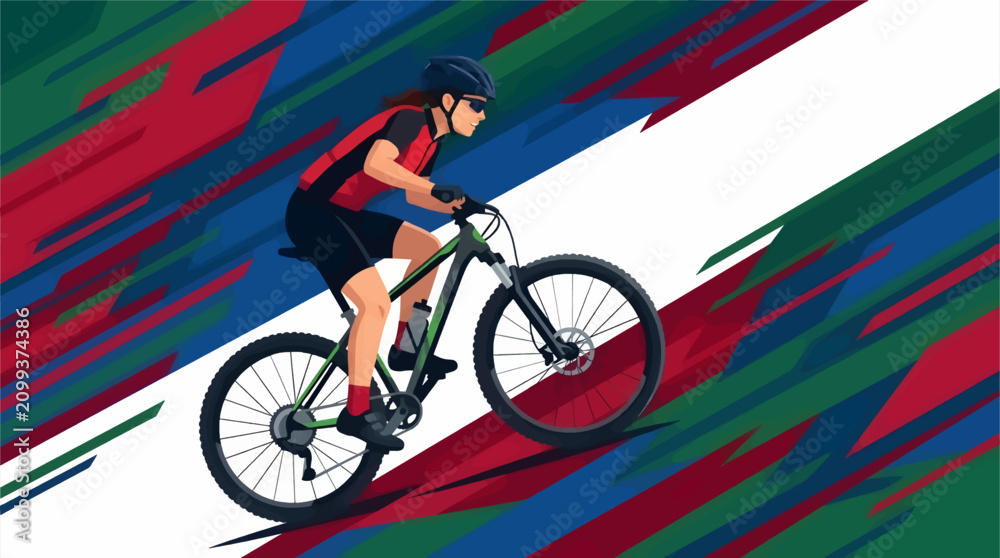 Fototapeta premium Female Cyclist Riding Mountain Bike Uphill, Athlete Wearing Helmet and Sportswear on Abstract Dynamic Background, Vector Illustration of Outdoor Sport Activity with Energy and Motion
