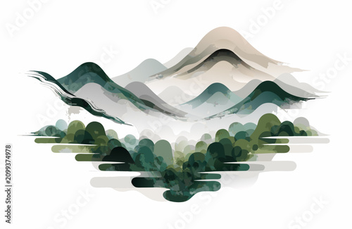 Ink wash mountains with layered green foliage during a serene dawn with abstract artistic concept and minimalist style