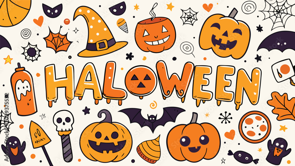 Obraz premium Halloween themed illustration with pumpkins, ghosts, and spooky decorations on cream background