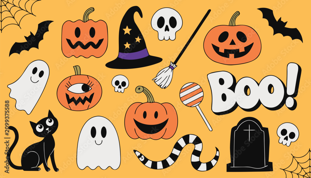 Fototapeta premium Halloween icons and symbols including pumpkins ghosts bats and candy on orange background