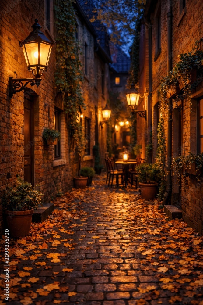 Fototapeta premium Charming autumn alley with warm lantern light cobblestone street and cozy evening atmosphere scene