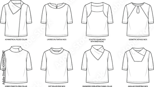 Tableau sur toile Women's Fashion Neckline T Shirt Line Art Vector Set with Modern Collar Design V