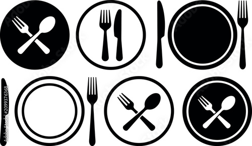 Schilderij op canvas Black and white flat design icons of crossed and separate cutlery and plates