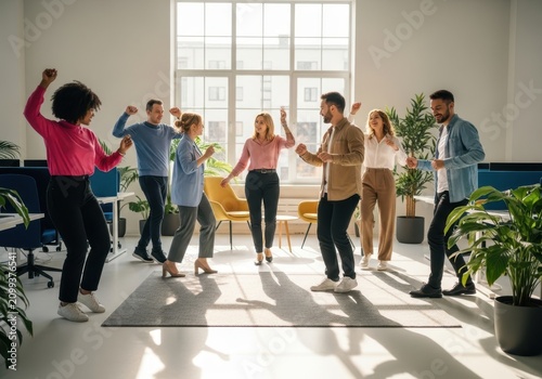 Diverse group of happy office colleagues dancing together in modern workspace