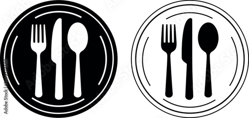 Bild auf Leinwand Minimalist black and white flatware set icon with fork knife and spoon