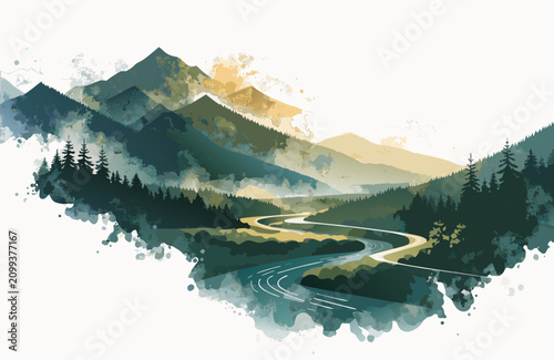 Winding mountain road through evergreen forest with hazy peaks during golden hour abstract watercolor style