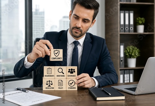 Business professional managing compliance and regulatory standards at modern office desk