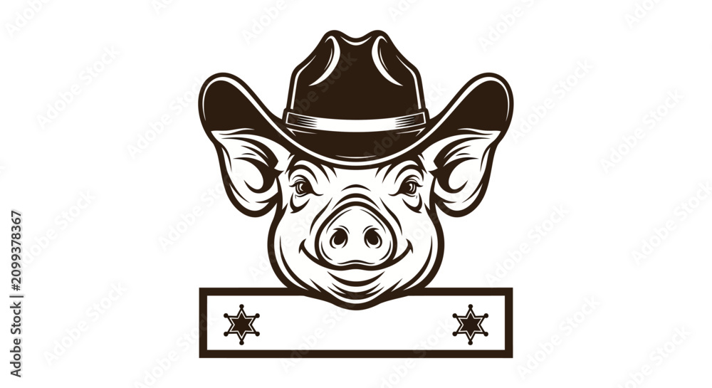 Fototapeta premium Pig wearing cowboy hat mascot logo with banner.
