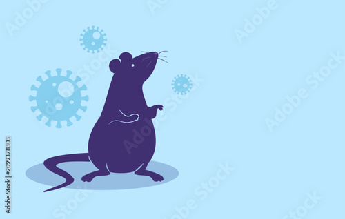 Hantavirus with rat silhouette on blue background vector illustration. Template for rodent carrier Infection disease information.