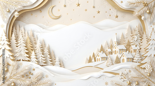 Beautiful winter landscape with cozy houses and pine trees at night