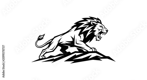 Foto Powerful roaring lion silhouette standing on a rocky cliff edge.