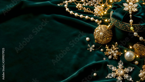 Elegant golden jewelry and shiny pearls on a dark green velvet background
