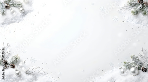 Christmas festive border with pine branches and silver ornaments on snow