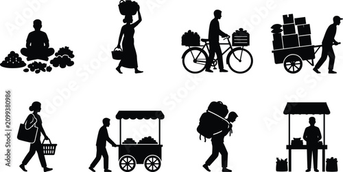 Obraz na płótnie Street Vendor and Market Trading Silhouette Icons Set with Delivery Shopping and