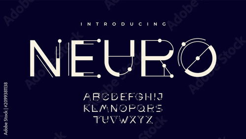 Modern decorative alphabet set with thin geometric letters, circles, nodes and connected line elements on a dark background. Vector font design