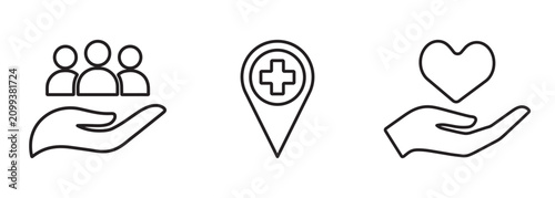 Healthcare and medical care outline icon set. Life insurance, clinic location map pin, and health support linear symbols. Vector illustration.