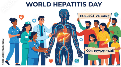 Diverse group of doctors and citizens supporting a glowing human anatomy figure for hepatitis awareness