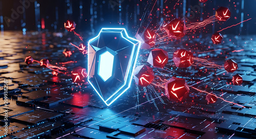 Glowing blue shield repelling red digital virus attacks on a dark tech background