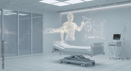 Holographic medical display over hospital bed with futuristic diagnostic equipment
