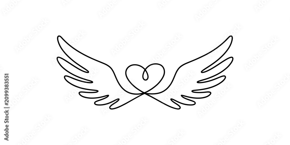 Fototapeta premium Continuous single line drawing of a heart with angel wings