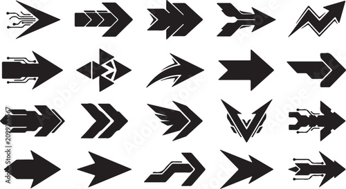 Foto Arrows featuring diverse modern geometric shapes and stylized pointers are arranged in a grid to serve as versatile visual indicators for professional graphic design projects