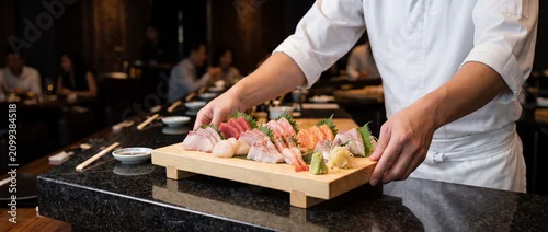 Panel kuchenny z motywem Sushi chef serving sashimi platter on wooden board in elegant japanese restaurant counter