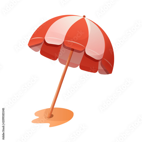 Beach umbrella isolated on white background, red white parasol, summer sun shade