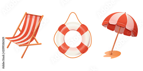 Summer beach set: striped deck chair, lifebuoy and beach umbrella. Vector illustration. Design for travel and summer vacation.