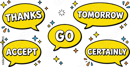 Foto Icon sat collection positive affirmation speech bubbles 'go' 'thanks' 'accept' '